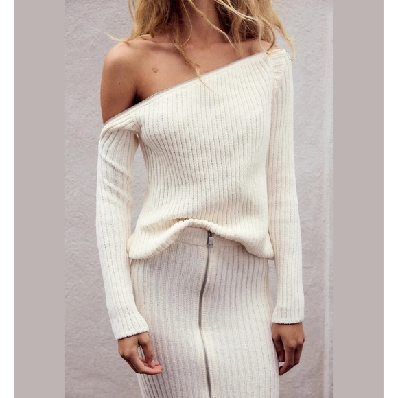 Zara Cream Off-the-Shoulder Sweater with Ribbed Knit - Picture 2 of 6